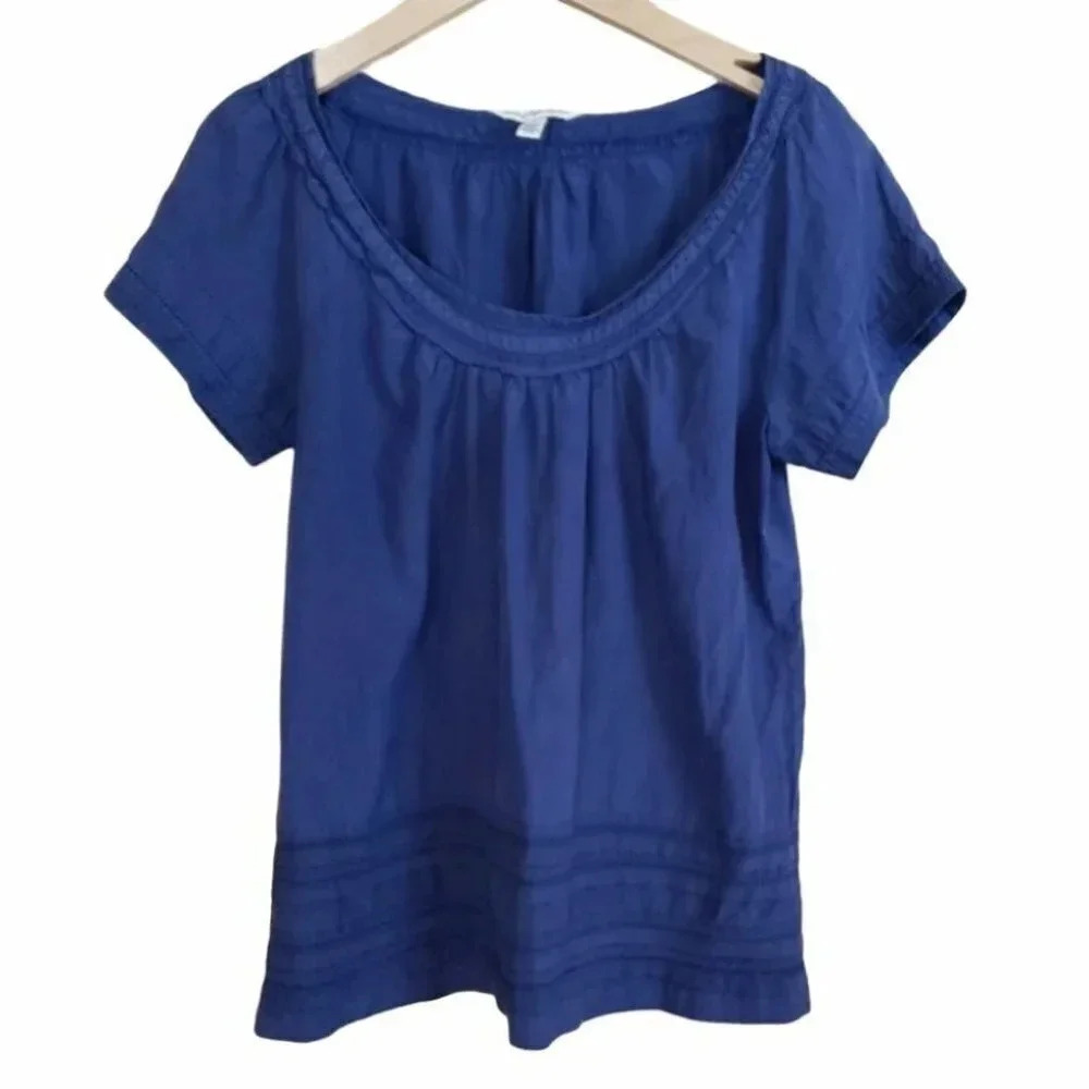 American Eagle Outfitters Blouse 6 Blue Pleated Scoop Neck Short Sleeve Boho